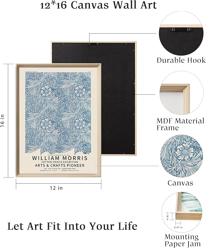 UPWOIGH Framed Wall Art, William Morris Wood Canvas Wall Art,16x12in Cotton Pattern Vintage Poster Wall Decor Aesthetic for Living Room Bedroom, Morris Art-framed-41, 16x12in