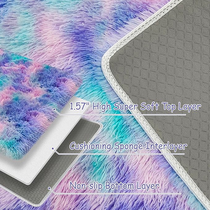 Small Area Rug for Bedroom 2x3ft Mini Tie-Dye Purple Rainbow Fluffy Rug Mat Bedside Throw Rug for Kids Room Boys Teens Nursery Baby Dorm Living Room Home Decor