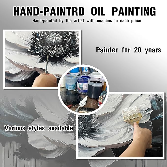 Flower Canvas Art Wall Decor for Living Room - Black and White Hand Painted Painting for Bedroom - Large Picture Frames for Wall Size 29" x 59"