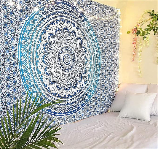 RAJRANG Large Mandala Tapestry for Bedroom and Living Room Wall Hanging Cotton Tapestries (Blue, Ombre, 90x84 Inch, Queen size)