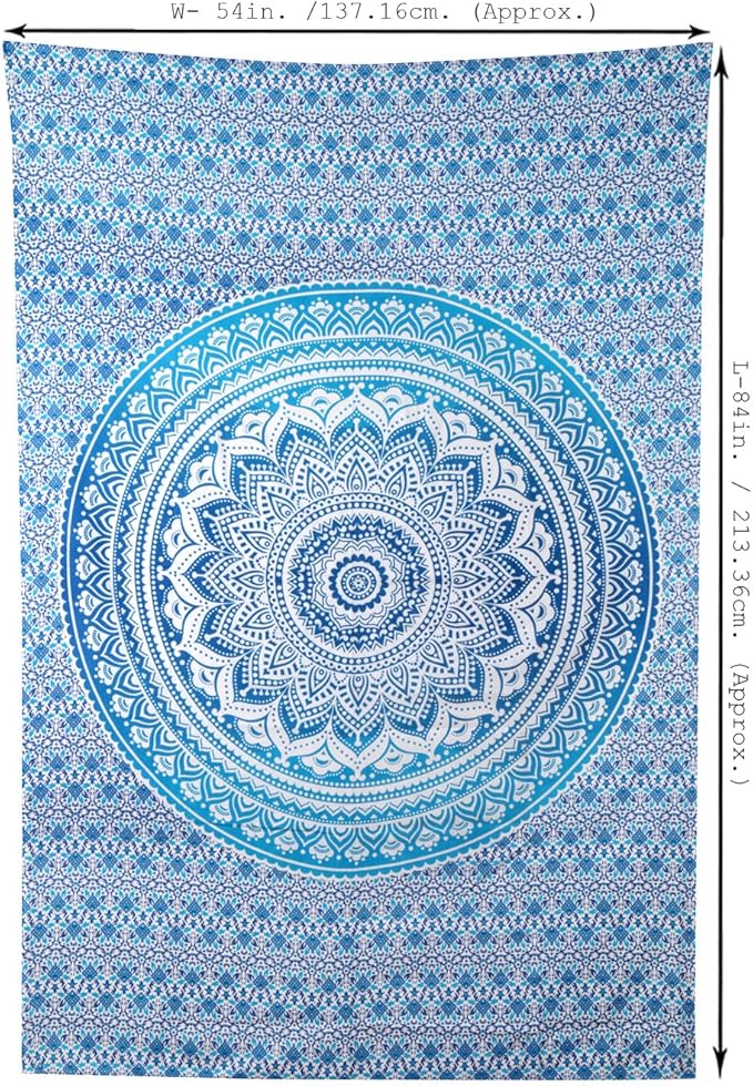 RAJRANG Mandala Tapestry for Bedroom and Living Room Decor Boho Bohemian Wall Hanging Cotton Tapestries (Blue, Ombre, 84x54 Inch, Twin size)