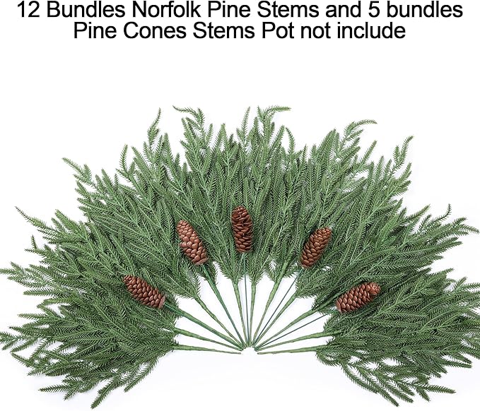 Artificial Christmas Norfolk Pine Stems Branches for Vases,12 Bundles Faux Pine Branches with 5 PCS Big Pinecones Stems Fake Greenery Evergreen Real Touch for Holiday Winter Table Xmas Decor