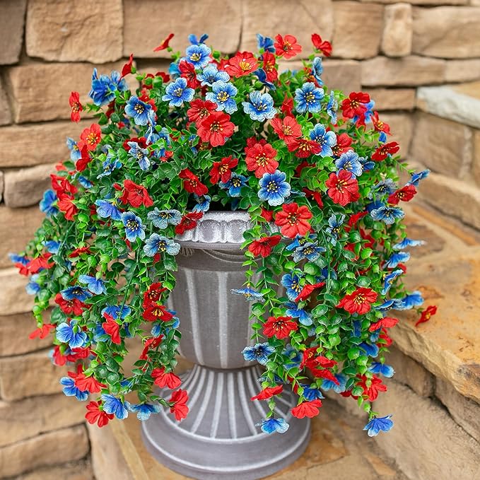 INSPRING Artificial Faux Hanging Flowers Plants for Spring Outdoor Outside Decoration, 2 PCS Fake Silk Daisy with Eucalyptus UV Resistant Realistic Trailing Vines for Balcony Patio Porch (BlueRed)