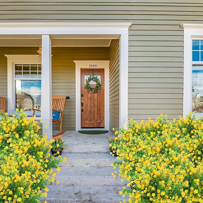 Sggvecsy Artificial Flowers for Outdoors 24 Bundles UV Resistant Boxwood Shrubs Artificial Eucalyptus Fake Plants Faux Plastic Greenery for Farmhouse Garden Home Indoor Outdoor Decoration（Yellow）