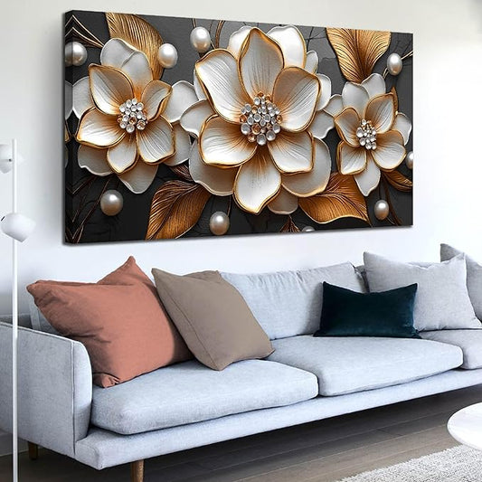 Large Flower Canvas Wall Art Bedroom - White and Gold Wall Decor for Girls Room - Floral Dining Room Wall Art Size 29" x 59"