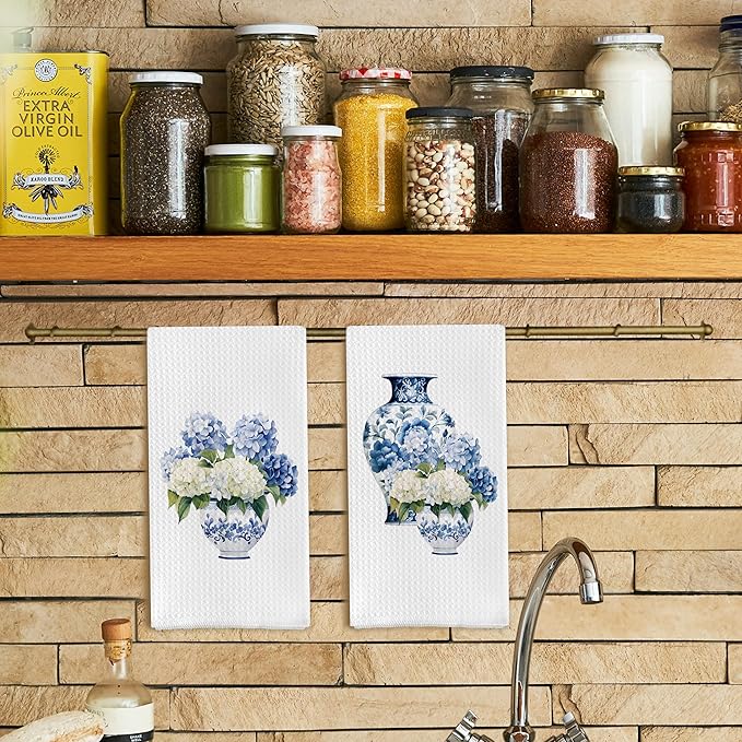 Blue and White Porcelain Chinoiserie Kitchen Towels Set of 2, Hydrangea Floral Dish Towels Tea Towels for Kitchen, Chinoiserie Decor Hand Towels for Bathroom, Grand Millenial Decor 16x24 Inch