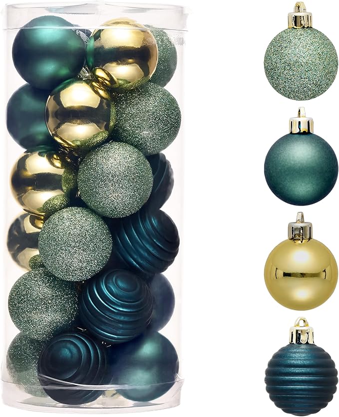 Valery Madelyn 1.57 Inches Small Christmas Tree Decorations Ornament Set for 4th of July Fall Halloween, 24ct Teal Green and Gold Shatterproof Hanging Ball Ornaments Holiday Party Decor