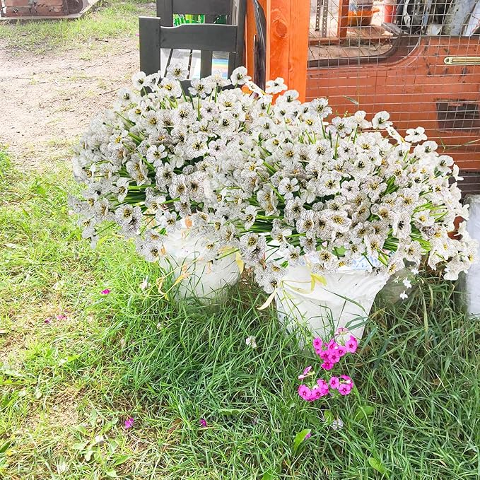 Uieke 16 Bundles Outdoor Artificial Flowers UV Resistant Fake Flowers No Fade Faux Plastic Plants for Garden Porch Window Box Home Outside Hanging Planter Spring Summer Décor (White)