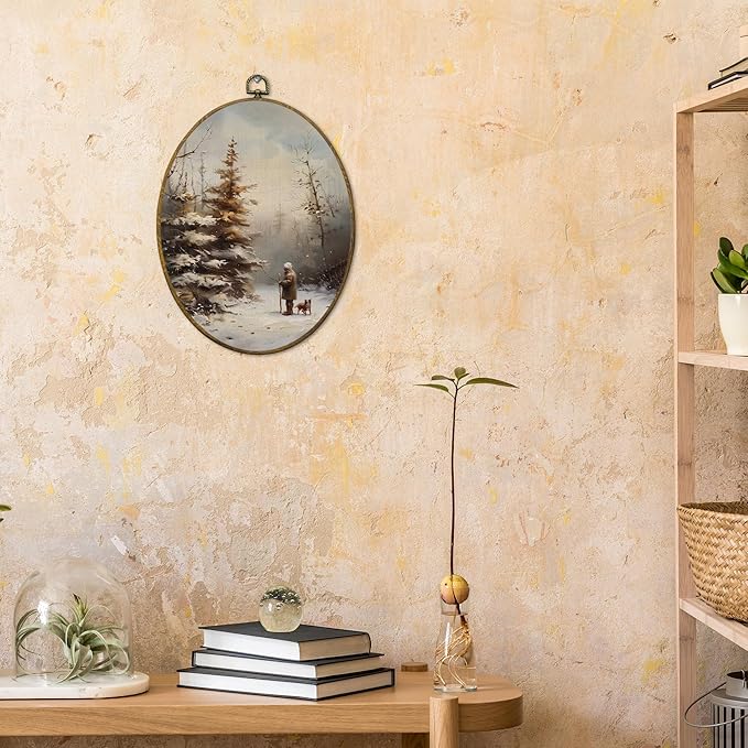 CUANFDDSF Vintage Farmhouse Winter Oval Wall Art Decor, Rustic Christmas Pine Tree Landscape Wall Hanging Decor, Retro Country Winter Framed Canvas Prints for Home Bedroom Living Room, 8.6x11.4 Inch