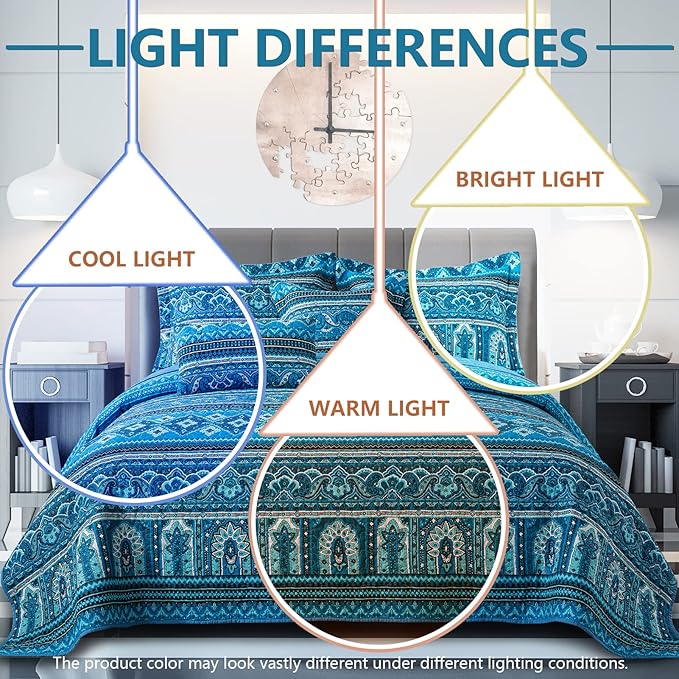 VAPUTAR Cotton Quilt Queen Size Bedding Set - 3 Pieces Queen Quilt Bedding Set, Boho Queen Size Quilts, Lightweight Reversible Coverlets Bedspreads for Farmhouse Bedroom (Blue)