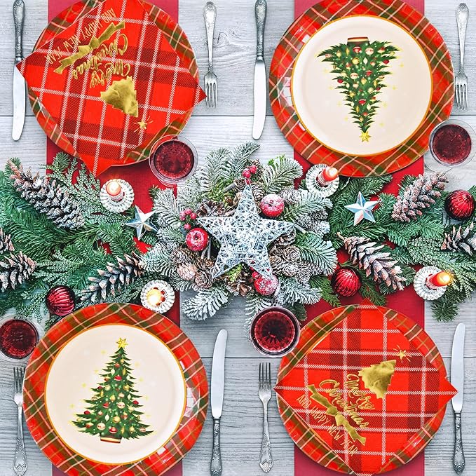 Gatherfun Christmas Party Supplies Christmas Tree Red Plaid Disposable Paper Dinner Plates Dessert Plates and Napkins for Party decorations, Serve 50