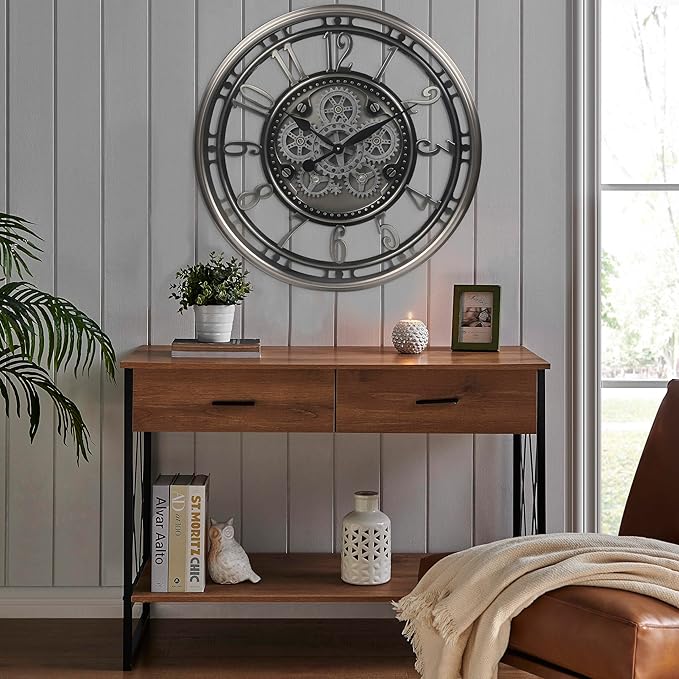 CLXEAST 28 Inch Large Industrial Moving Gear Wall Clock for Living Room Decor, Modern Farmhouse Decorative Clock for Dinning Room,Gunmetal Silver,House Warming Gifts New Home