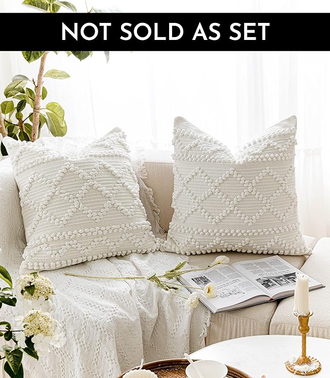 Pure White Decorative Throw Pillow Cover 22X22, Boho Accent Pillow for Couch, Square Modern Farmhouse Pillowcase for Living Room Couch Sofa Cushion Home Décor (Pack of 1)