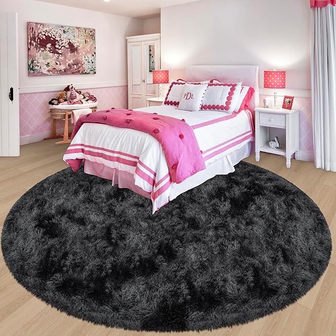 7x7 ft Tie Dye Black Round Rug for Bedroom Room Fluffy Circle Rug Furry Carpet Shaggy Circular Fuzzy Washable Non-Slip Large Area Rug Soft Indoor for Living Room Cute Aesthetic Home Decor