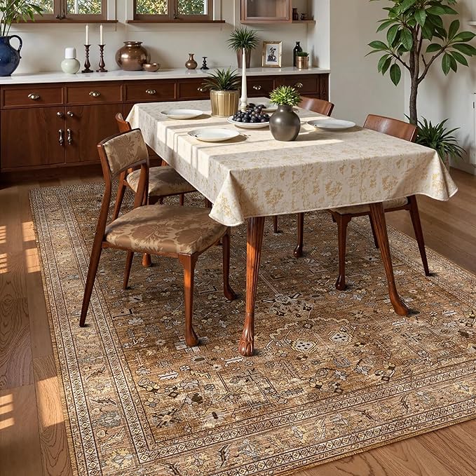 Washable Area Rug 8' x 10' Vintage Traditional Persian Mat - Foldable Distressed Non-Slip Machine Washable Carpet for Living Room Bedroom Kitchen Home Decor - Bronze and Ivory