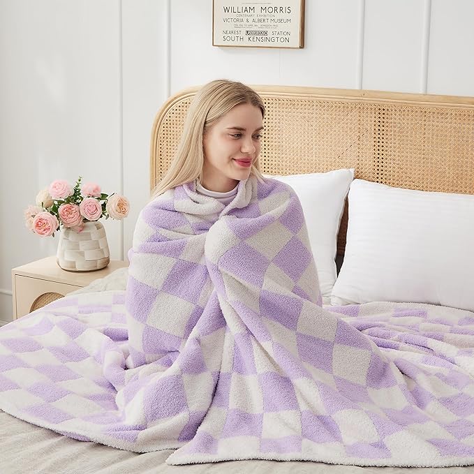 JOOJA Soft Cozy Checkerboard Lilac Blanket - Fluffy Knit Throw Blanket for Couch - Plaid Checkered - 60x80 in