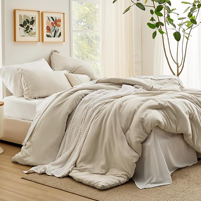 Bedsure King Size Comforter Set - 7 Pieces Beige King Bedding Set for All Seasons, Boho Contrasting Design Bed in a Bag with Comforter, Sheets, Pillowcases & Shams