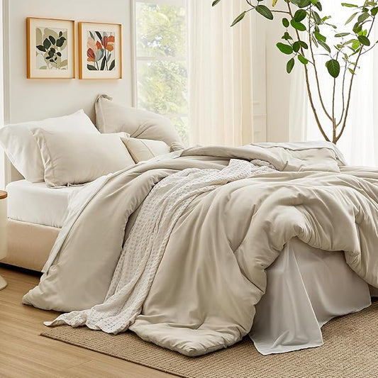 Bedsure King Size Comforter Set - 7 Pieces Beige King Bedding Set for All Seasons, Boho Contrasting Design Bed in a Bag with Comforter, Sheets, Pillowcases & Shams