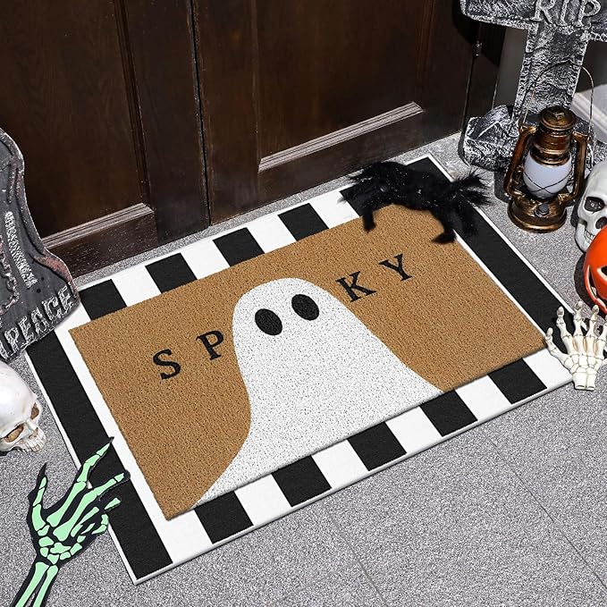 2 Pcs Halloween Doormat Spooky Ghost Outdoor Welcome Mats for Front Door Non Slip Ghost Coir Floor Mat Black White Stripe Halloween Rug for Outside Front Porch Entryway Decor