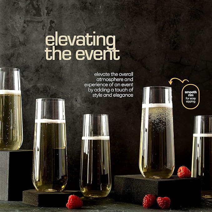 Clear Stemless Champagne Flutes Plastic 48 Pack - 9oz Plastic Champagne Glasses - Durable and Sturdy Mimosa Glasses For Parties - Shatterproof, Recyclable, BPA-Free, Smooth Rims.