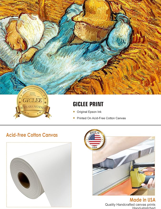 DECORARTS - Noon: Rest from Work, Vincent Van Gogh Art Reproduction. Giclee Canvas Prints Wall Art for Home Decor 20x16