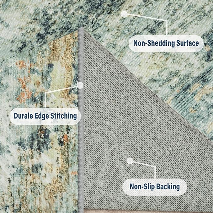 Area Rug Living Room Rugs: 6x9 Rug for Bedroom Machine Washable with Non Slip Backing Non Shedding Abstract Stain Resistant Large Carpet for Dining Room Nursery Home Office - Sage Green/Multi