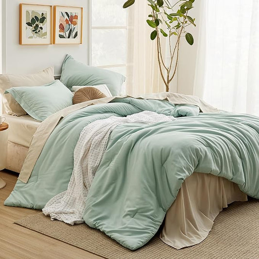 Bedsure Twin Comforter Set - 5 Pieces Sage Green Twin Bedding Set for All Seasons, Boho Contrasting Design Bed in a Bag with Comforter, Sheets, Pillowcase & Sham