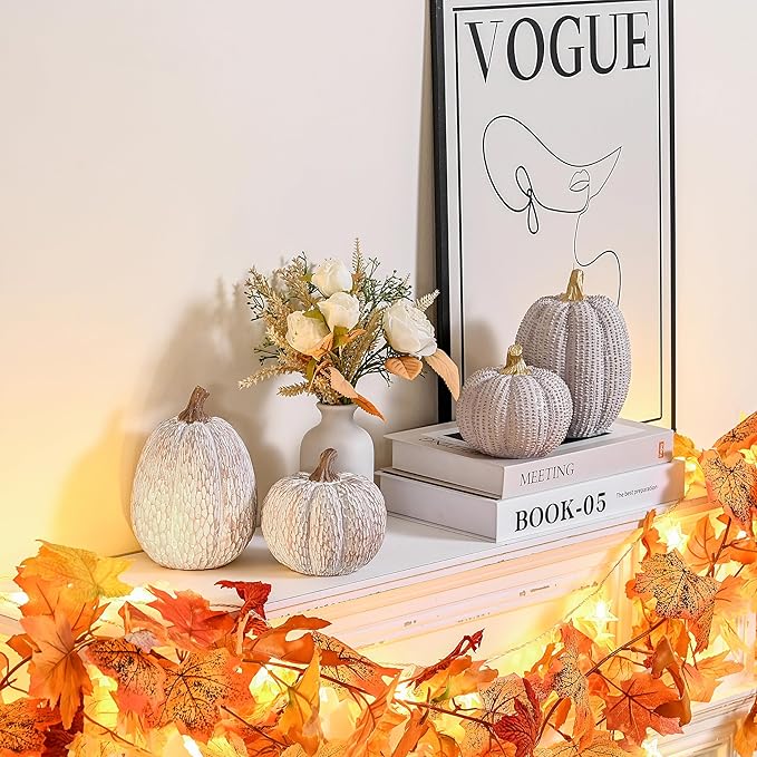 Fall Pumpkin Decor, Resin Pumpkin Figurine Set of 2, Decorative Fake Pumpkin for Decorating, Light Gray and Gold Glitter Pumpkins with Dots for Home Table Centerpiece, Wedding, Thanksgiving