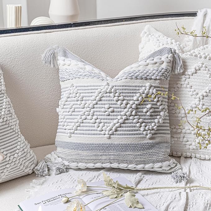 Gray Cream White Boho Throw Pillow Cover 20X20, Boho Woven Textured Pillow Cover, Neutral Pillow Cover, Sofa Couch Bed Farmhouse Lumbar Pillow (Cover ONLY)
