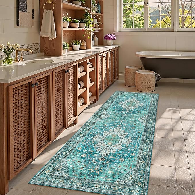 Washable Area Rug 2'6'' x 8' Vintage Traditional Persian Mat - Foldable Distressed Non-Slip Machine Washable Carpet for Living Room Bedroom Kitchen Home Decor - Teal and Gold