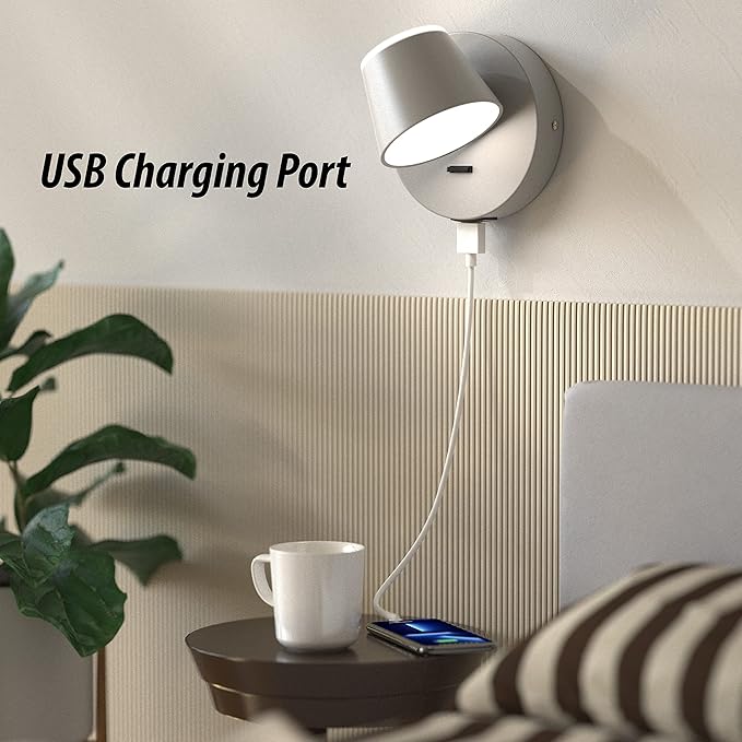 URSOLA Wall Light LED Wall Sconce with On/Off Switch USB Charging Port 110 Volt Hardwired Wall Lamp 350 Rotatable Up Down Sconces Wall Lighting (Grey)
