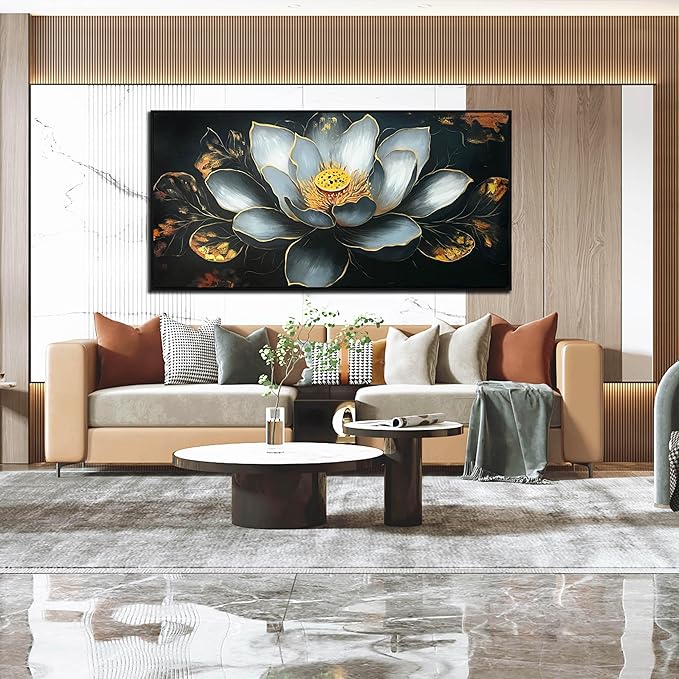 Lotus Flower Painting Wall Art for Bedroom - Black and White Hand Painted Wall Art for Living Room Large Size - Black Framed Wall Decor Size 29" x 59"