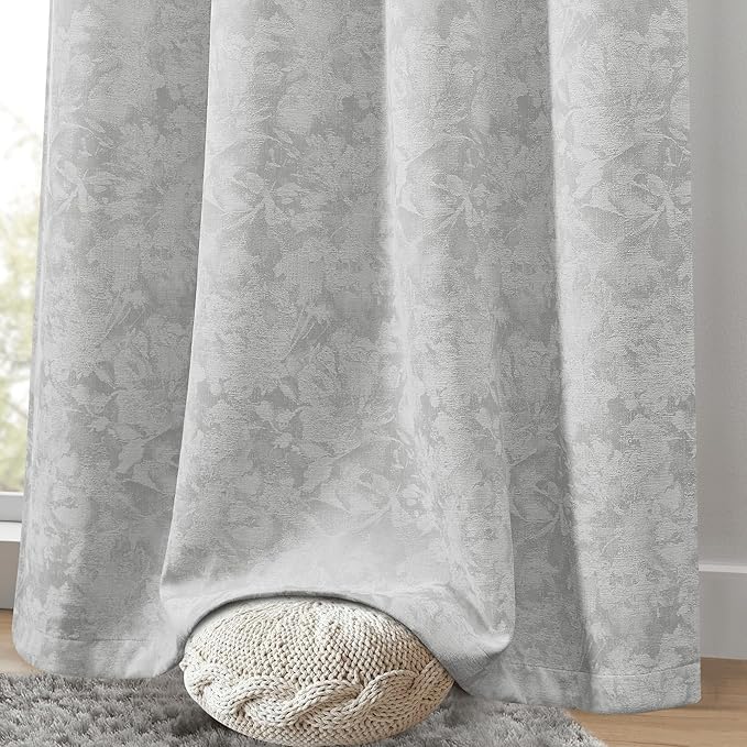 Beauoop Grey Floral Jacquard Blackout Curtains 96 Inches Long 2 Panels for Bedroom Living Room Gray Flower Chenille Room Darkening Thermal Insulated Soundproof Grommet Window Treatments Drapes, 52x96