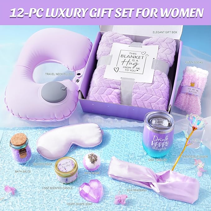 LUCOTIYA Birthday Gifts for Women, Self Care Gifts for Women Get Well Soon Gifts Basket, Lavender Relaxing Spa Gift Basket, Unique for Mom, Friends, Sister, Grandma