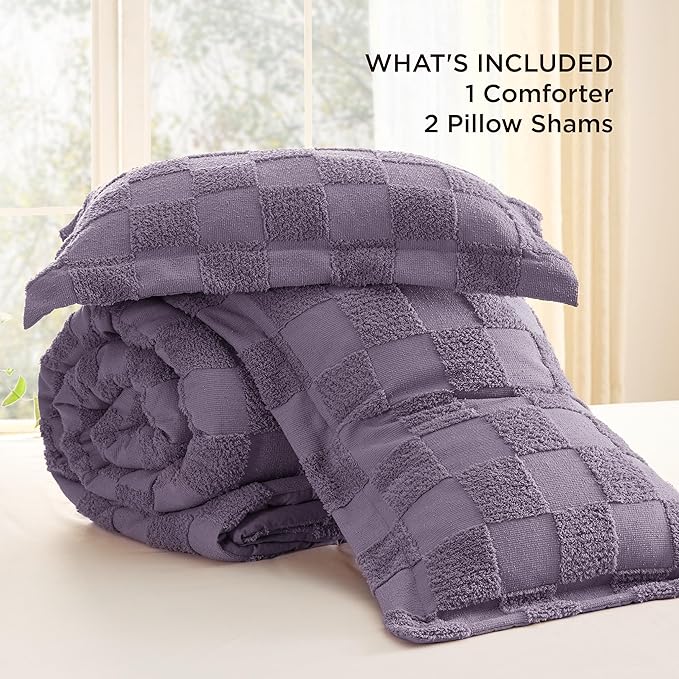 Bedsure Queen Size Comforter Set Grayish Purple, Boho Tufted Bed Set, Checkered Farmhouse Shabby Chic Bedding, 3 Pieces, 1 Plaid Geometric Comforter and 2 Pillow Shams