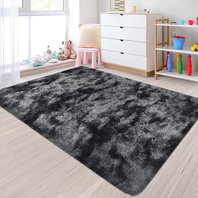 Small Tie-Dyed Area Rug for Bedroom 3x5 Mini Black Grey Fluffy Rug Mat Bedside Throw Rug for Kids Room Boys Teens Nursery Baby Dorm Living Room Home Decor Aesthetic Carpets