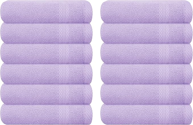 GLAMBURG Ultra Soft 12-Piece Washcloths Set 13x13-100% Ringspun Cotton - Durable & Highly Absorbent Face Towels - Ideal for use in Bathroom, Kitchen, Gym, Spa & General Cleaning - Purple