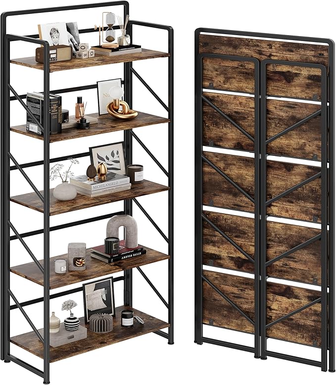 JSB Folding Bookshelf,Industrial Storage Shelves, No Assembly Vintage Wood Look Bookshelf with Storage Shelves for Living Room, Bedroom, Office (Fire Brown, 5-Tier)