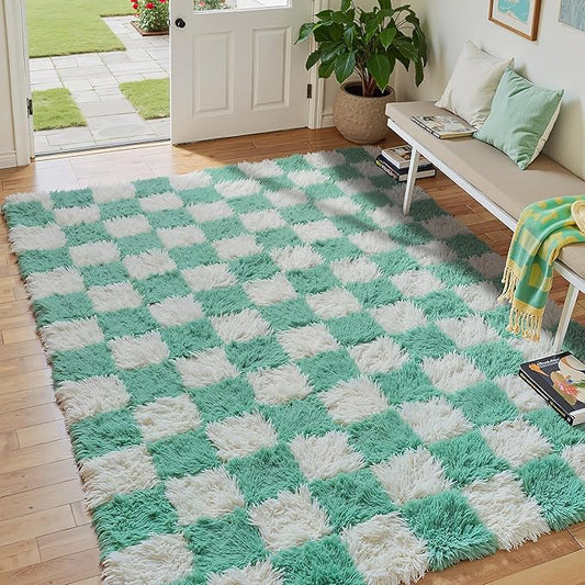 Green Rug 5x8 for Living Room, Checkered Modern Shag Rug Super Soft Washable Indoor Fuzzy Carpet Non-Slip Fluffy Rugs for Bedroom Home Aesthetic Decor