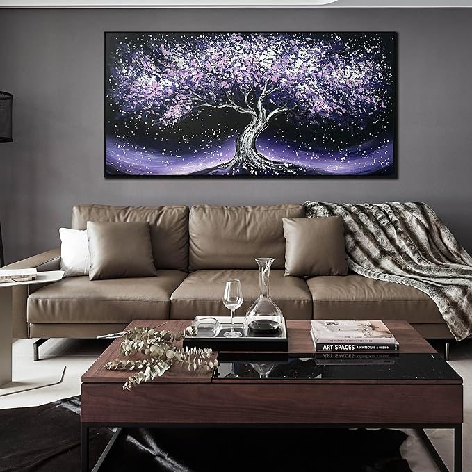 Purple Tree Hand Painted Wall Decor for Living Room - Modern Canvas Wall Art for Bedroom - Black Large Framed Wall Art Size 29" x 59"
