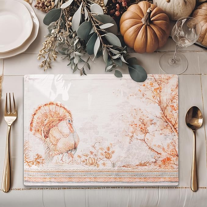 Maison d' Hermine Placemats Set of 4 100% Cotton Washable Cloth Place Mats, Reusable Table Mats for Kitchen Dining Decoration, Party, Wedding, Restaurant (Giving Thanks, 13" x 19")