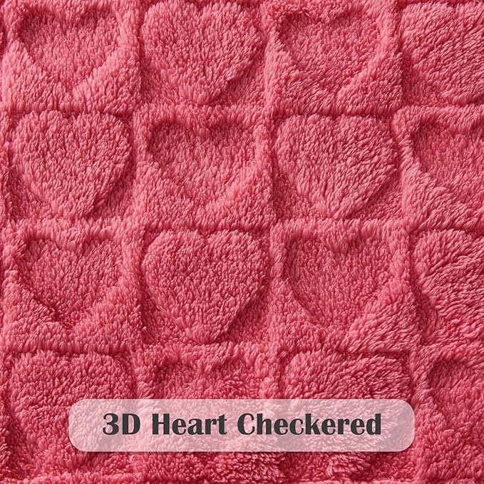 NEWCOSPLAY Super Soft King Blanket Coral Pink Love Premium Silky Flannel Fleece 3D Heart Checkered Lightweight Bed Blanket All Season Use (Coral Pink Love, King(90"x110"))