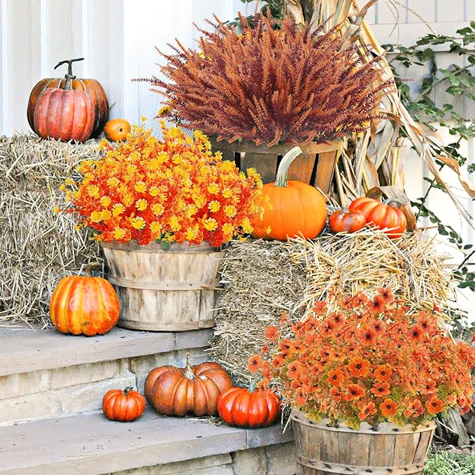 16PCS Artificial Fall Flowers Outdoor Faux Autumn Lavender Plants UV Resistant Fake Greenery Shrubs Fall Decorations for Thanksgiving Harvest Wedding Porch Window Box