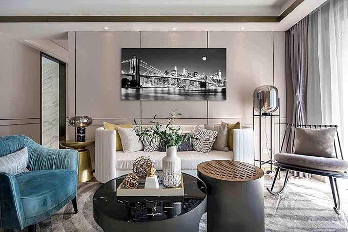 Baisuart-Q30362 Brooklyn Bridge Night View 1 Panels Landscape Artwork Canvas Prints Moon Night New York City Scene Picture Paintings Black and white Wall Art for Oiffce Home Decorations Wall Decor