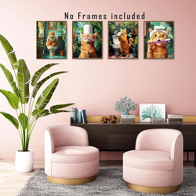 FITIE Funny Orange Cat Bathroom Wall Art Prints Set of 4, Tropical Botanical Funny Orange Cat on Toilet Wall Art Posters for Bathroom Washroom Restroom Decor, 8x10 Unframed