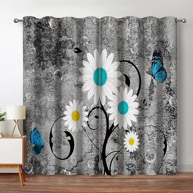 Jekeno Floral Blackout Curtains White Wild Chrysanthemum Flower Butterfly Home Bedroom Living Room Decor Plant Theme Darkening Grommet Window Drapes 2 Panel Set, 52"x63"