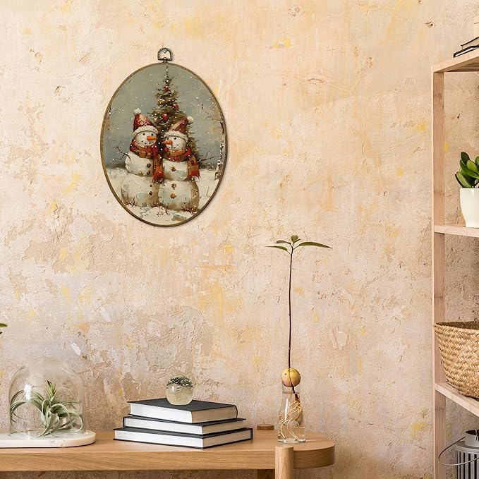 CUANFDDSF Vintage Christmas Snowman Oval Wall Art Decor, Farmhouse Rustic Winter Xmas Snowman Wall Hanging Decor, Retro Christmas Framed Canvas Prints for Home Bedroom Living Room, 8.6x11.4 Inch