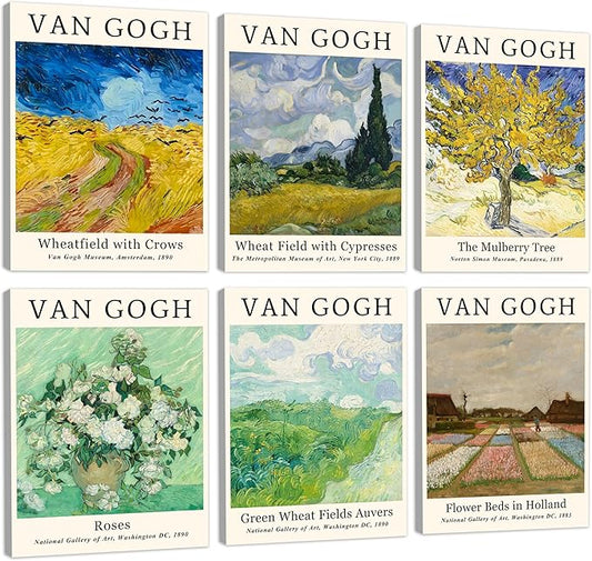 COSCTOR Set of 6 Vincent Van Gogh Wall Art Decor Canvas Vintage Retro Famous Artist Colorful Posters and Prints for Living Room Bathroom Bedroom Hallway Kitchen (Framed, 9x12)