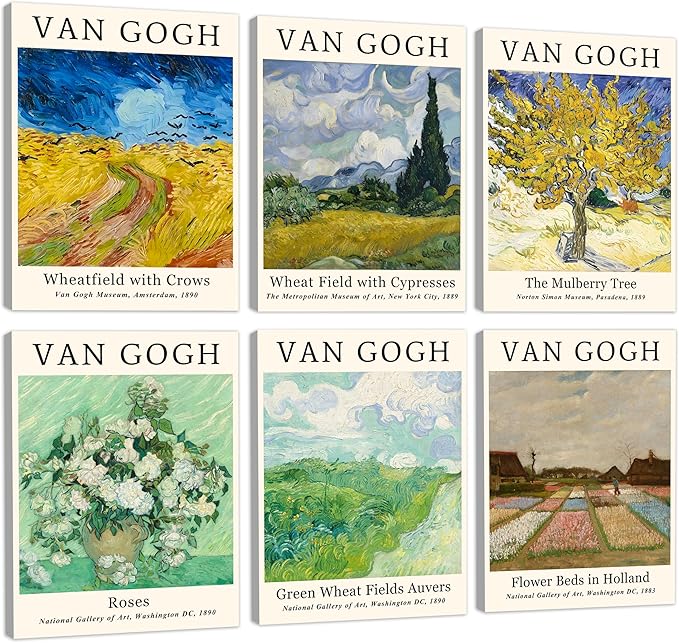 COSCTOR Set of 6 Vincent Van Gogh Wall Art Decor Canvas Vintage Retro Famous Artist Colorful Posters and Prints for Living Room Bathroom Bedroom Hallway Kitchen (Framed, 12x16)