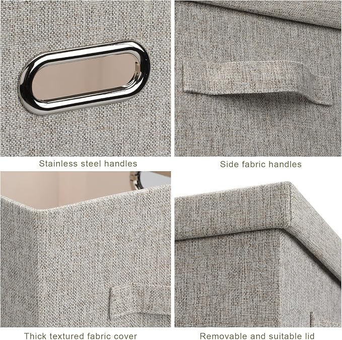 Large 17 36 Quart Collapsible Stackable Storage Bins with Lids, 1 Pack Beige Foldable Fabric Closet Storage Boxes with Lids, 4 Handles Toy Heavyduty Dark Gray Linen Storage Cube Box